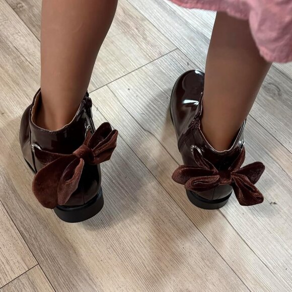 🆕Girls Dark Brown Faux Leather Ankle Bow Chunky Low Heel Side Zipper Dress Boot - Picture 3 of 9
